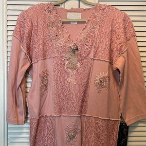 1980s L 2pc shoulderpads glam embroidered beaded fringe dress pink